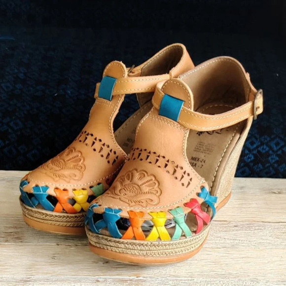Mexican Platform Espadrille Sandal Huarache Leather Tan with Colorful Accents 7M - Picture 4 of 10